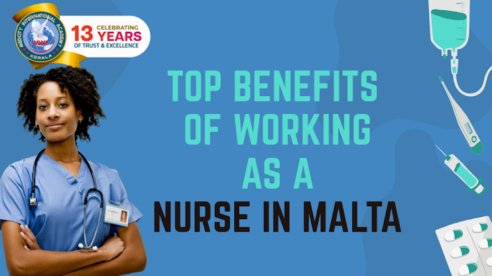 Top Benefits of Working as a Nurse in Malta for International Nurses Professional nurse in uniform with text “Top benefits of working as a nurse in Malta” highlighting career opportunities, salary, and lifestyle advantages for nurses in Malta.