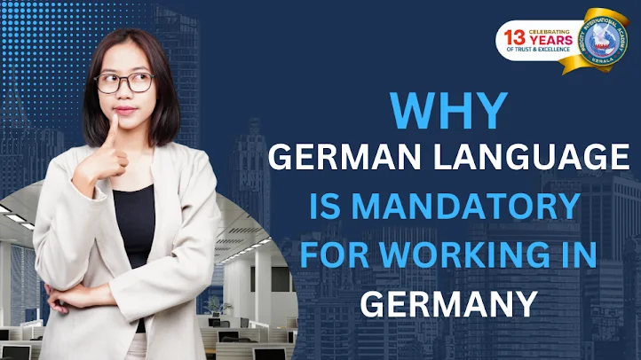 Why German Language Is Mandatory for Working in Germany Professional woman thinking with text “Why German language is mandatory for working in Germany” explaining the importance of German language skills for jobs and work permits in Germany.