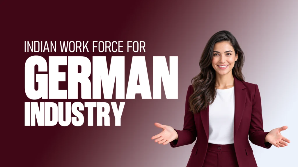 Graphic highlighting the Indian workforce for German industry, featuring a professional woman in a burgundy business suit against a dark red and light background.