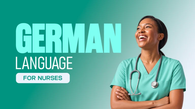 Promotional graphic for German language training for nurses, featuring a smiling healthcare professional in teal medical scrubs with a stethoscope.