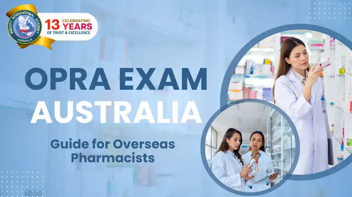 OPRA Exam Australia: Complete Guide for Overseas Pharmacists Pharmacists working in a pharmacy with text “OPRA exam Australia guide for overseas pharmacists” explaining the registration pathway for international pharmacists in Australia.