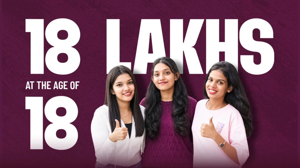 Promotional graphic featuring three young students with the headline “18 Lakhs at the Age of 18,” highlighting an IELTS-related student success or achievement message.