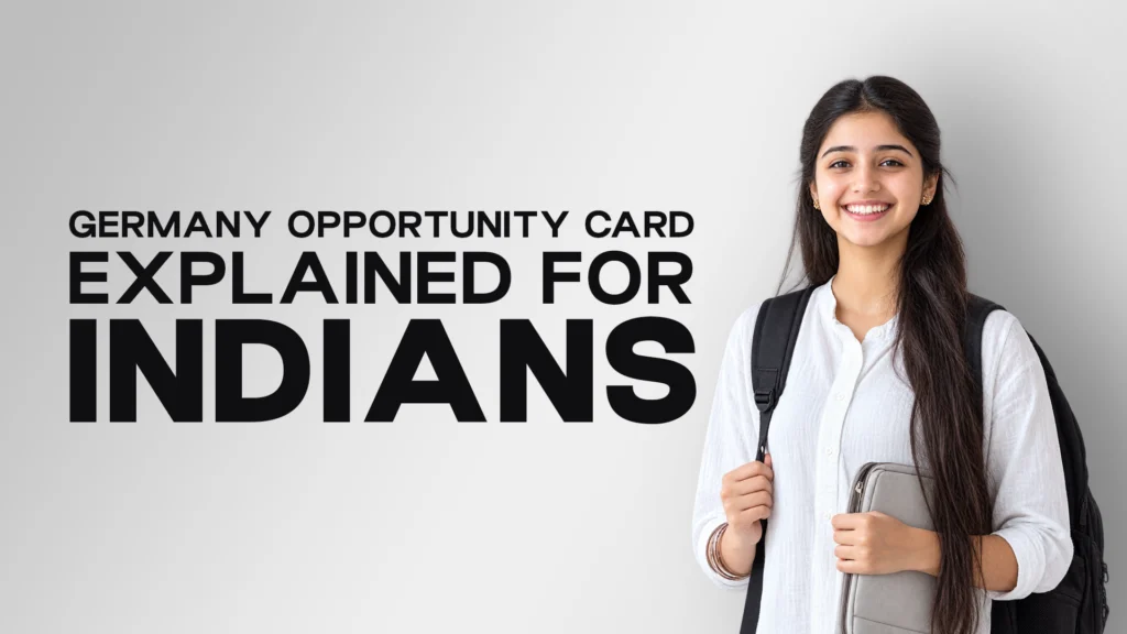 Germany Opportunity Card graphic explaining the Chancenkarte pathway for Indian applicants, featuring a student with a backpack and tablet.