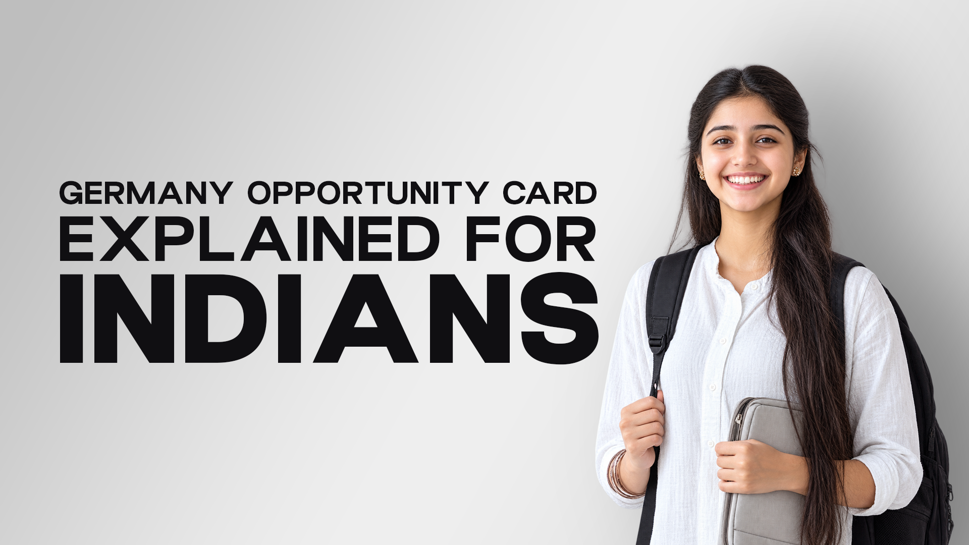 Germany Opportunity Card explained for Indians 1 Germany Opportunity Card graphic explaining the Chancenkarte pathway for Indian applicants, featuring a student with a backpack and tablet.