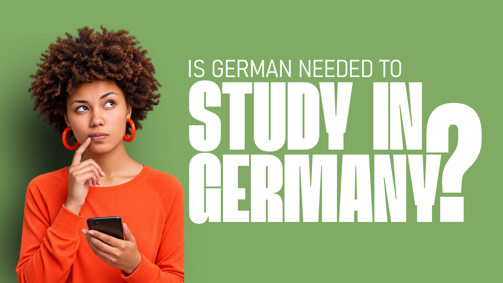 Educational graphic asking whether German is needed to study in Germany, featuring a student holding a smartphone and considering the question.