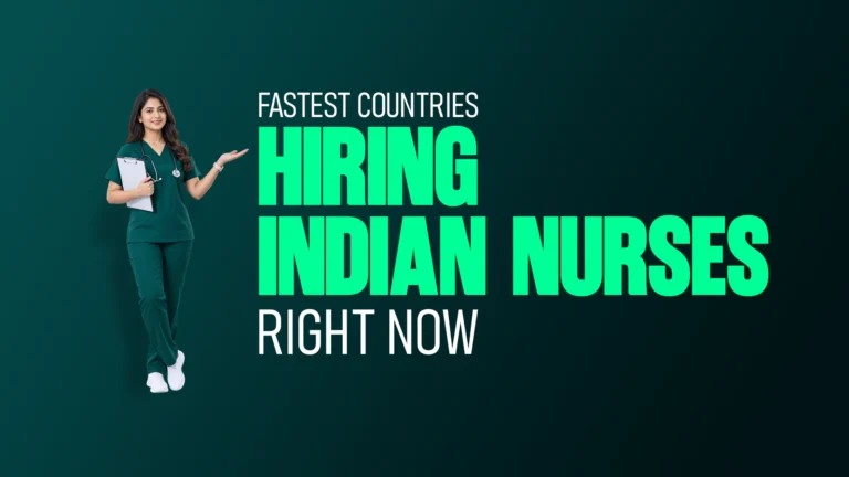 Graphic featuring a nurse in medical scrubs with the headline “Fastest Countries Hiring Indian Nurses Right Now,” highlighting international nursing career opportunities.