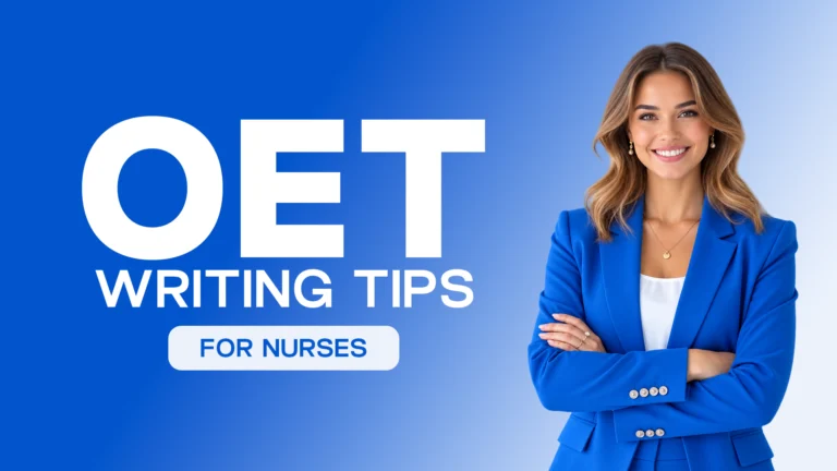 OET Writing Tips for Nurses graphic featuring a professional woman in a blue blazer beside text promoting writing tips for the OET exam.