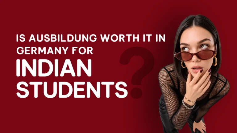 Graphic asking whether Ausbildung in Germany is worth it for Indian students, featuring a young woman thinking beside a large question mark.
