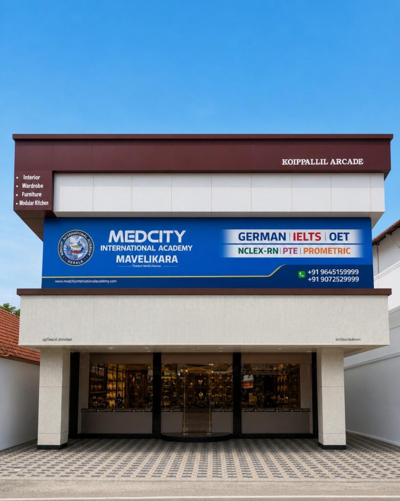 Best IELTS coaching centre in Mavelikkara 1 Medcity Mavelikkara campus for healthcare professionals preparing for IELTS, OET, NCLEX-RN, and German certification exams