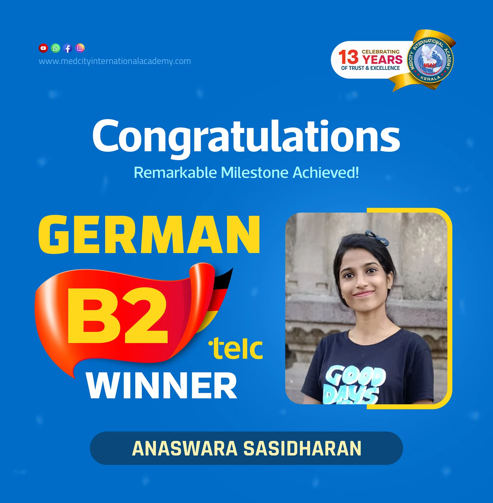 German B2 TELC exam winner success poster from Medcity Academy German language training