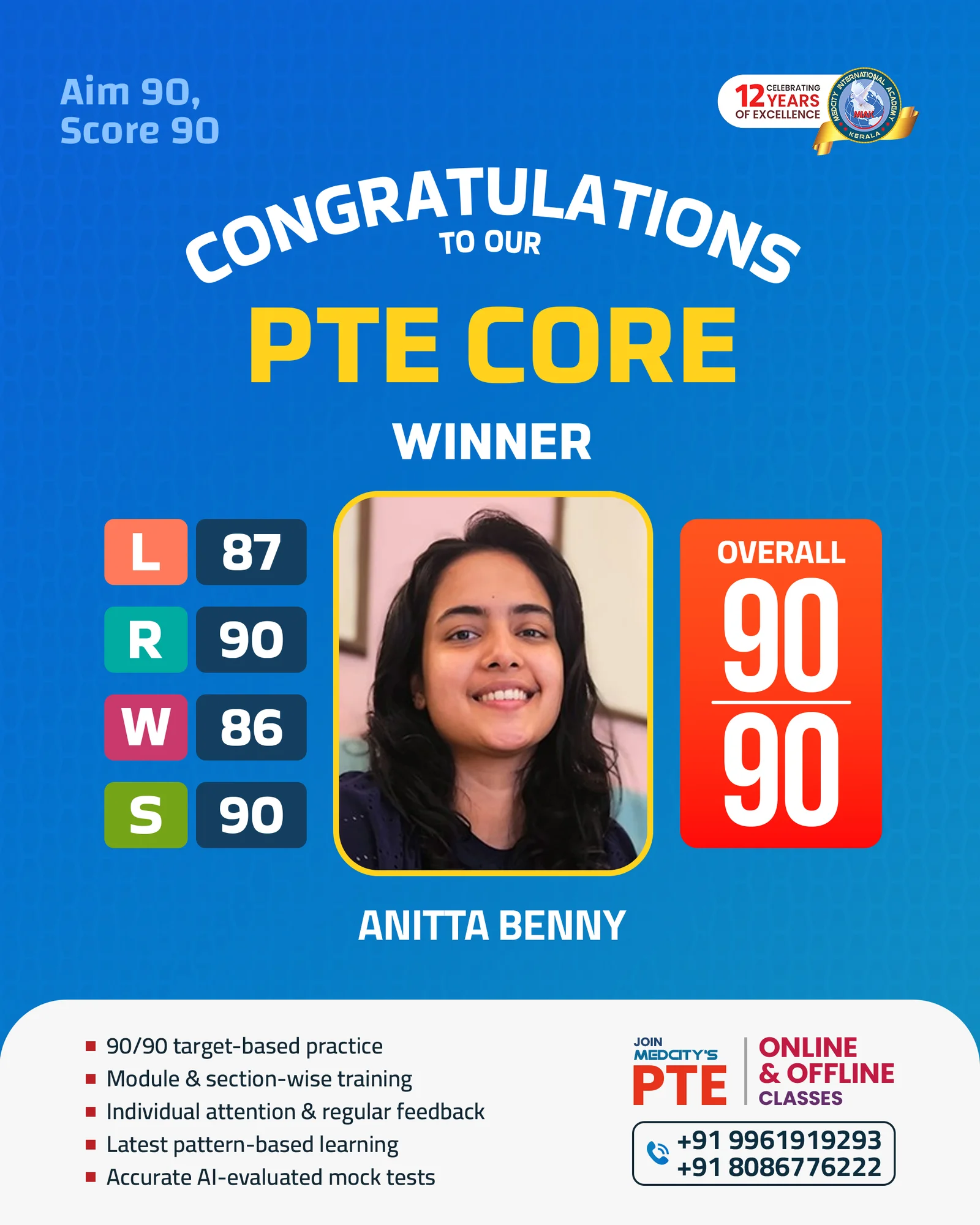 image of Anitta Benny PTE 90/90 winner Medcity Academy