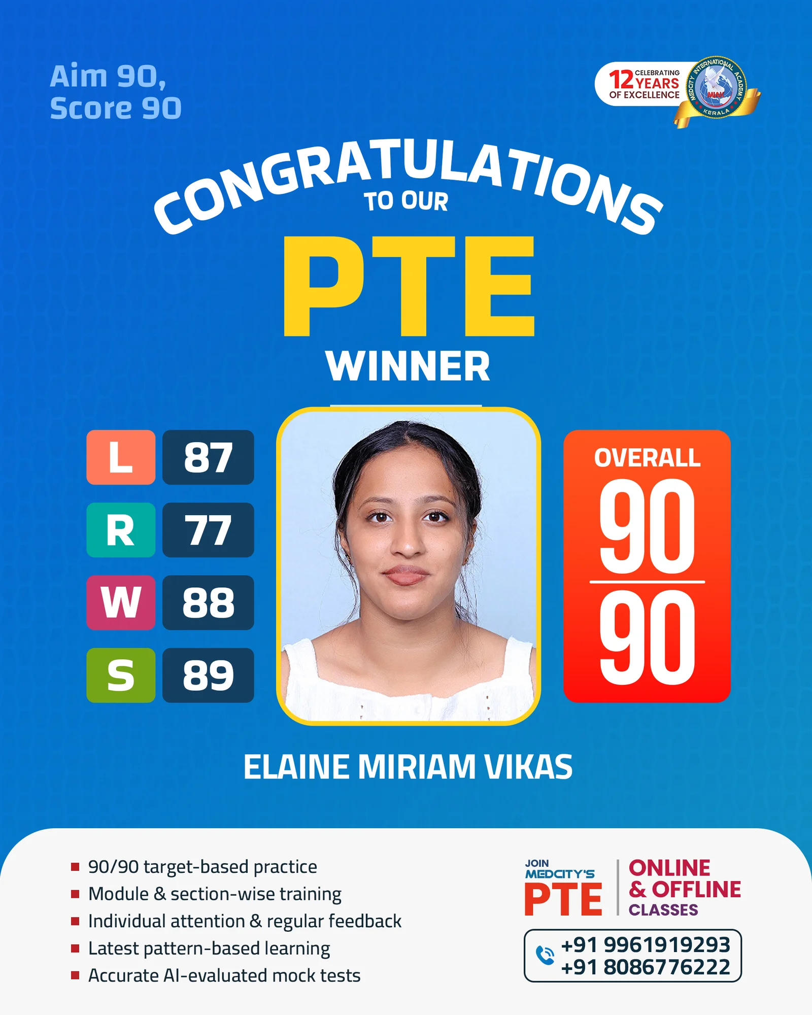 image of Elaine Miriam Vikas PTE 90/90 winner Medcity Academy