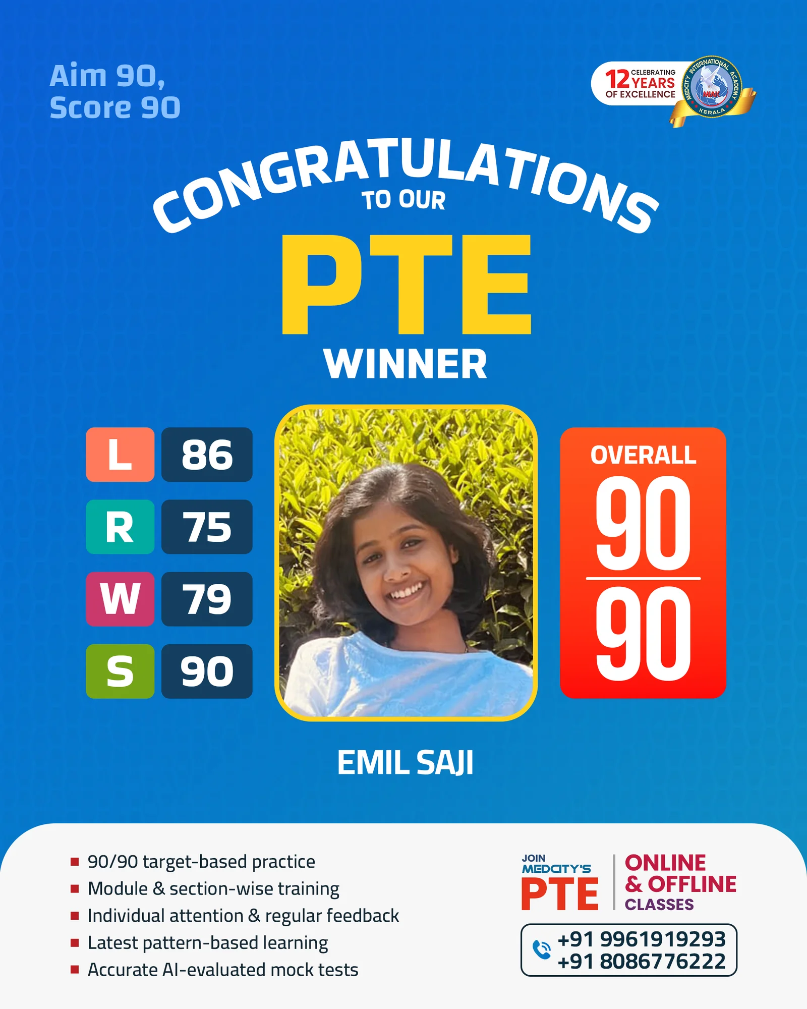 image of Emil Saji PTE 90/90 winner Medcity Academy