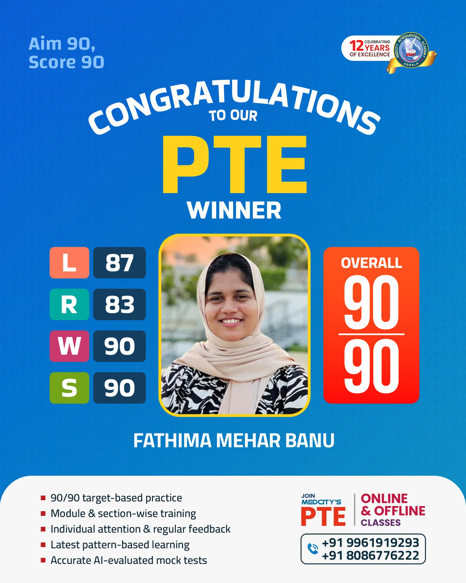 Image of Fathima Mehar Banu PTE 90/90 winner Medcity Academy