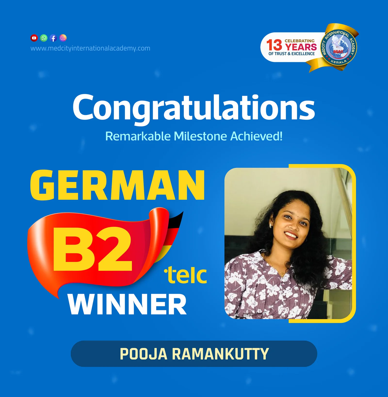 Medcity International Academy German B2 TELC success banner featuring Pooja Ramankutty celebrating successful completion of the German B2 TELC Examination. The banner highlights expert German language training for students and professionals preparing for higher education, Ausbildung, nursing careers, and employment opportunities in Germany.