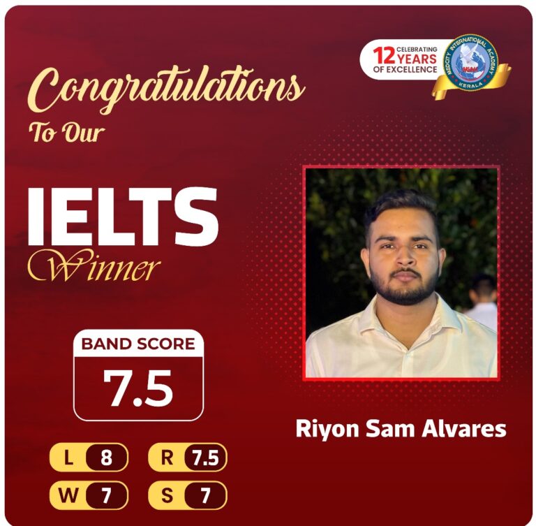 Language Institute in Trivandrum 9 Medcity International Academy IELTS success banner featuring Riyon Sam Alvares, who achieved an overall IELTS Band Score of 7.5 with individual scores of Listening 8.0, Reading 7.5, Writing 7.0, and Speaking 7.0 through expert IELTS coaching for study abroad aspirants.