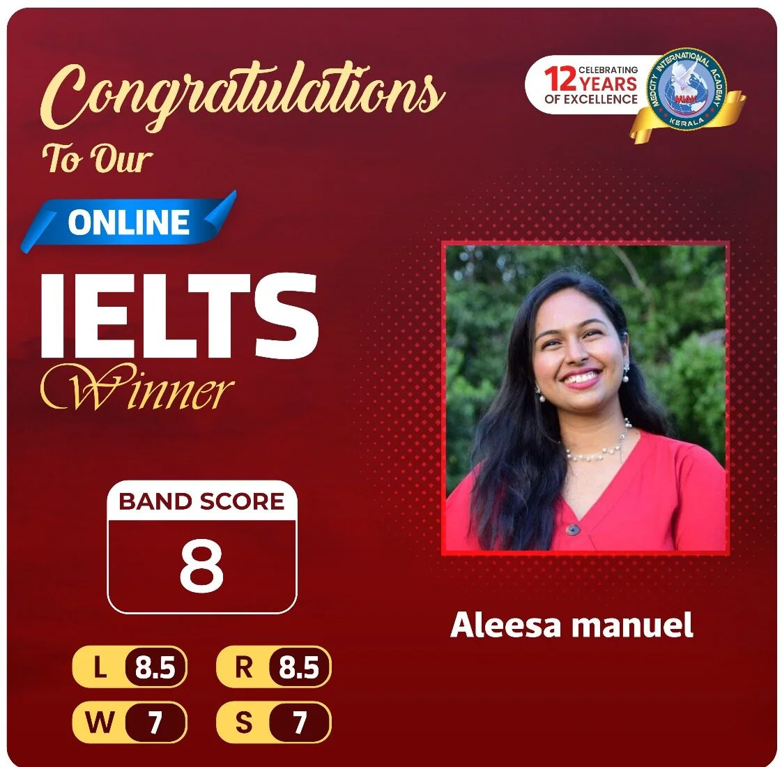 Medcity International Academy Online IELTS success banner featuring Aleesa Manuel, who achieved an overall IELTS Band Score of 8.0 with individual scores of Listening 8.5, Reading 8.5, Writing 7.0, and Speaking 7.0 through expert online IELTS coaching for study abroad aspirants.