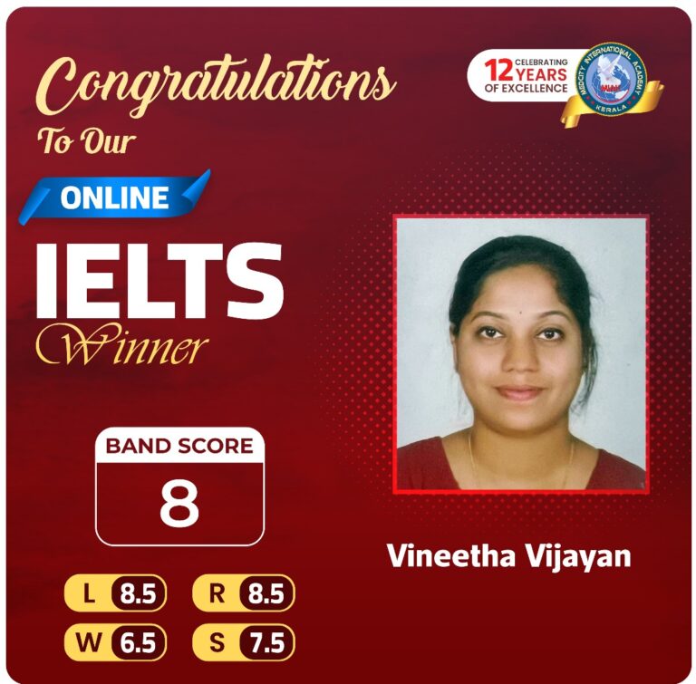 Language Institute in Trivandrum 13 Medcity International Academy Online IELTS success banner featuring Vineetha Vijayan, who achieved an overall IELTS Band Score of 8.0 with individual scores of Listening 8.5, Reading 8.5, Writing 6.5, and Speaking 7.5 through expert online IELTS coaching for study abroad aspirants.