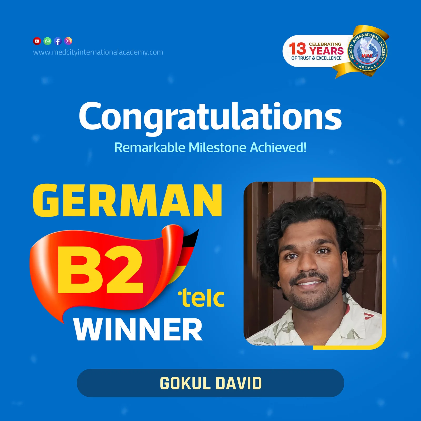 German B2 TELC exam winner success poster from Medcity Academy German language training