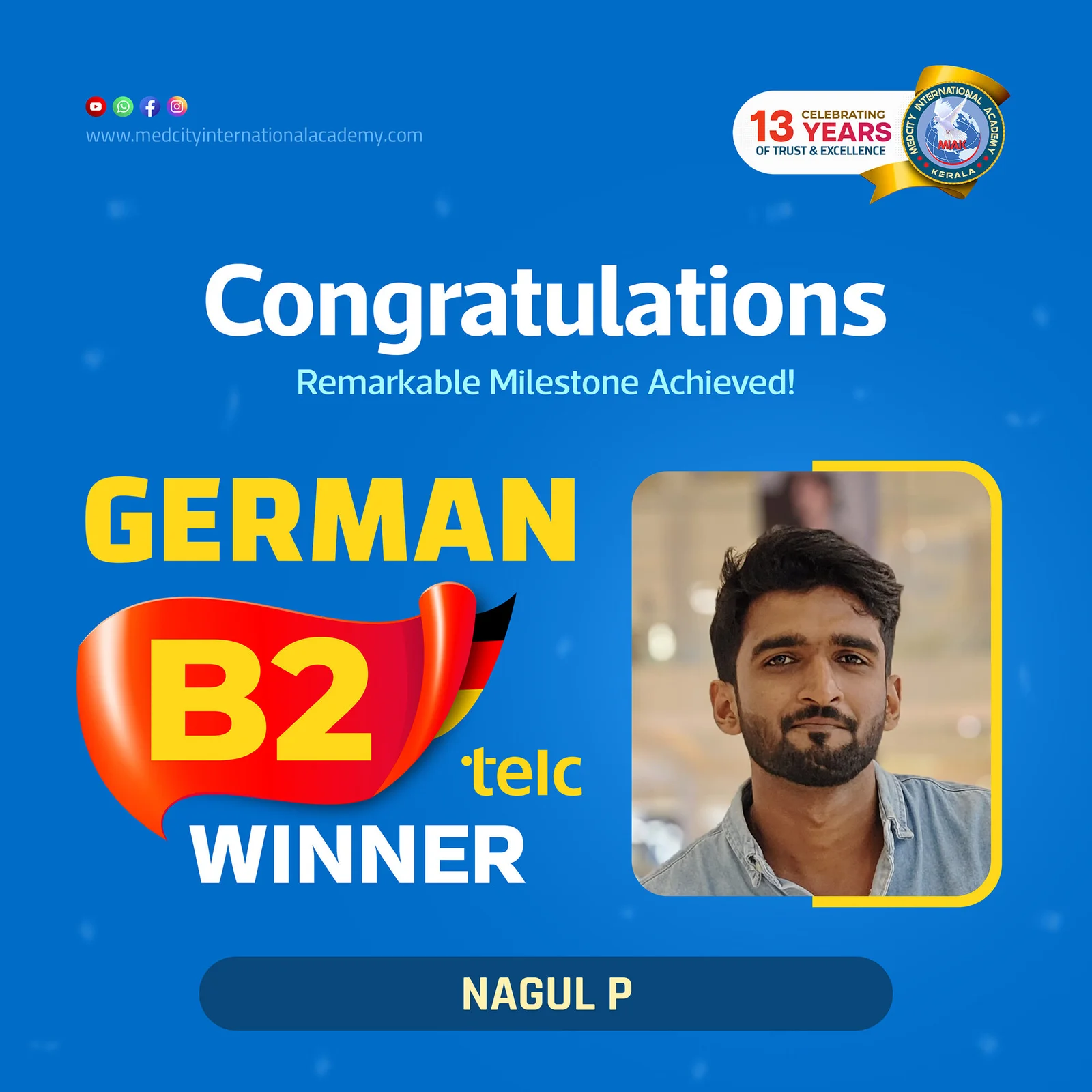 German B2 TELC exam winner success poster from Medcity Academy German language training