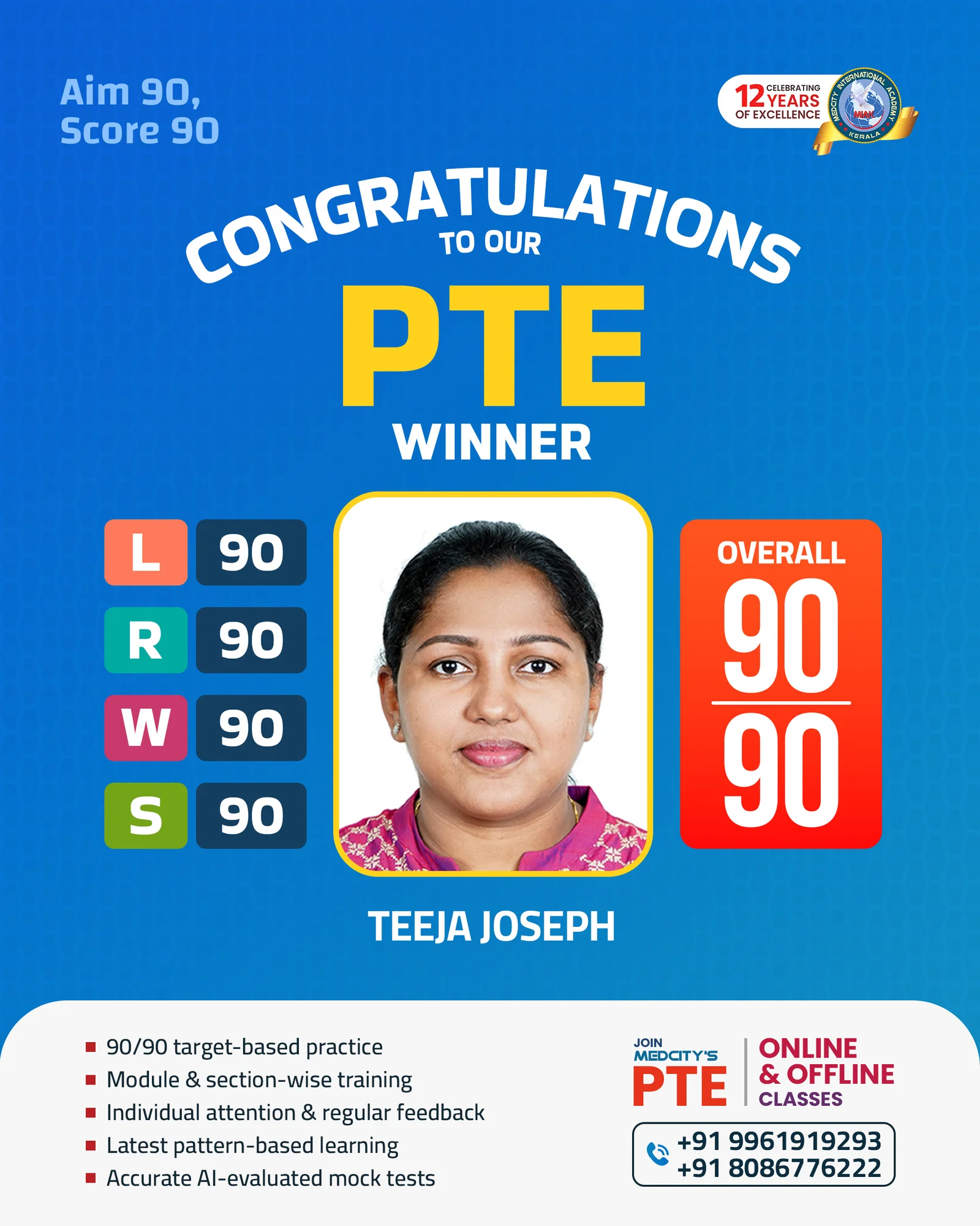 Image of Teeja Joseph PTE 90/90 winner Medcity Academy