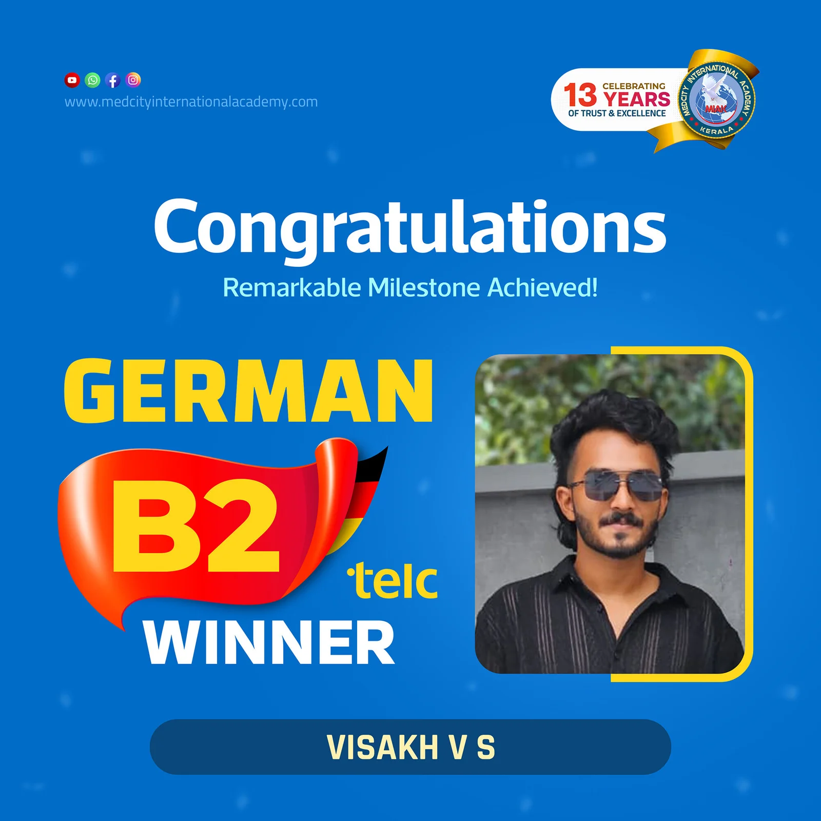 German B2 TELC exam winner success poster from Medcity Academy German language training