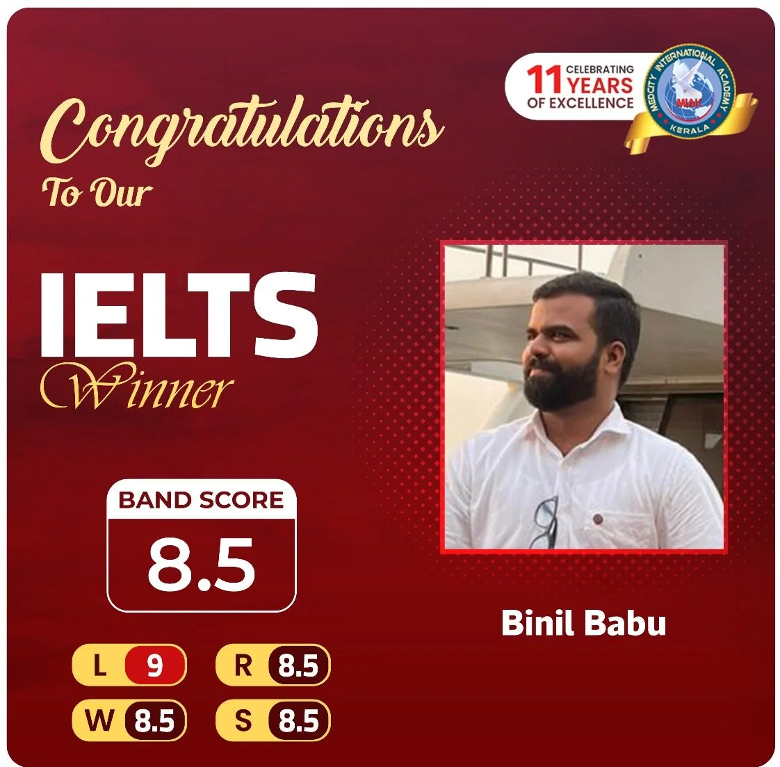 Best IELTS Academic Coaching Institute in Kerala 11 Medcity International Academy IELTS success banner featuring Binil Babu, who achieved an overall IELTS Band Score of 8.5 with individual scores of Listening 9.0, Reading 8.5, Writing 8.5, and Speaking 8.5 through expert IELTS coaching for study abroad aspirants.