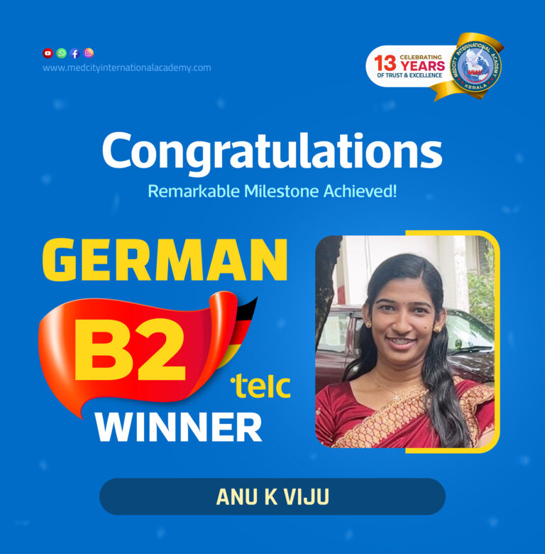 Language Institute in Trivandrum 8 Medcity International Academy German B2 TELC success banner featuring Anu K Viju celebrating successful completion of the German B2 TELC Examination. The banner showcases expert German language training for students preparing for higher education, Ausbildung programs, nursing careers, and employment opportunities in Germany