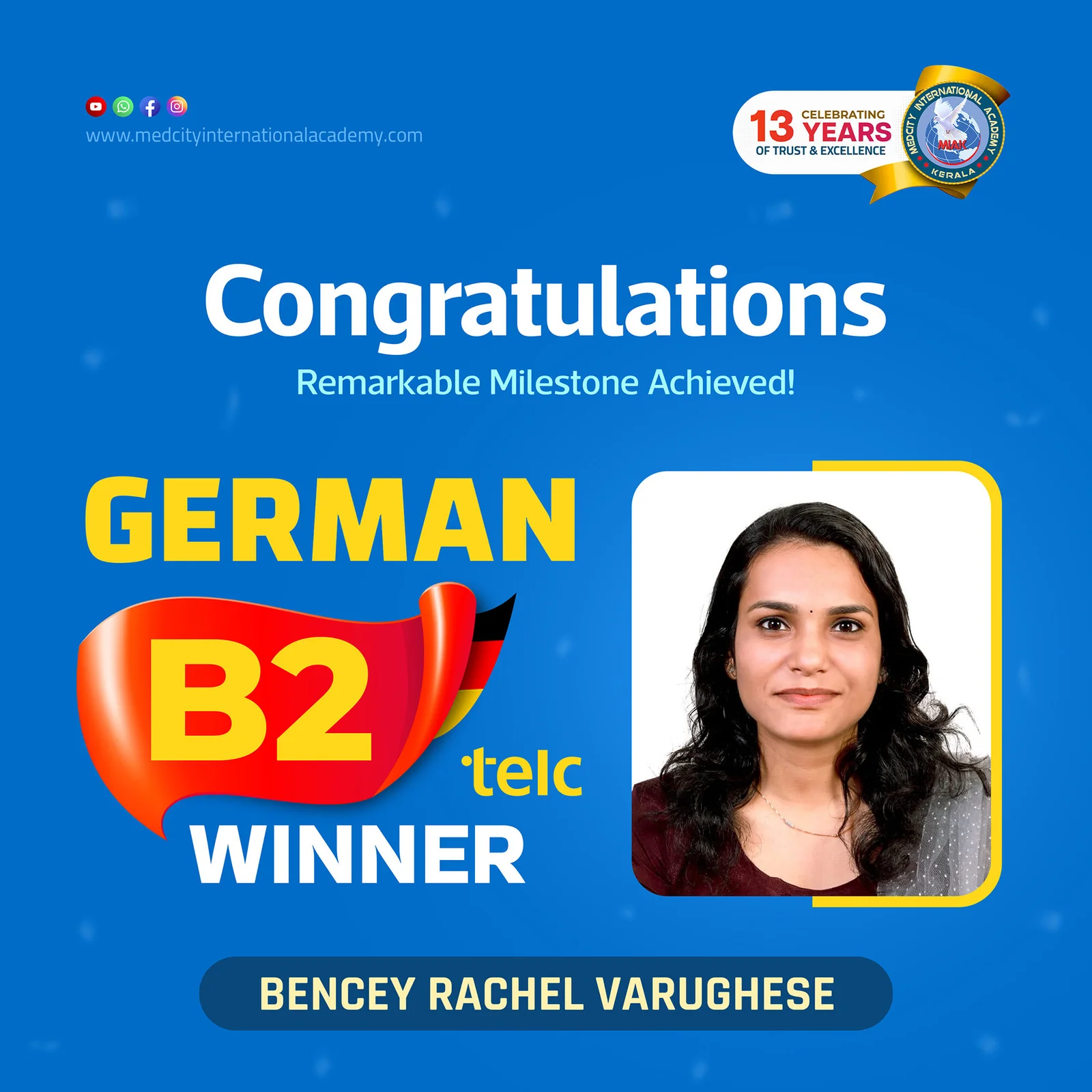 German B2 TELC exam winner success poster from Medcity Academy German language training