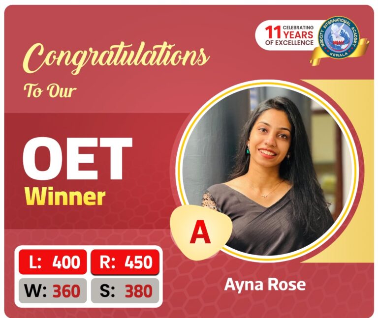 Language Institute in Trivandrum 14 Medcity International Academy OET success banner featuring Ayana Rose achieving Grade A in the Occupational English Test (OET) with scores of Listening 400, Reading 450, Writing 360, and Speaking 380. The banner showcases expert OET coaching for nurses and healthcare professionals preparing for international healthcare careers in the UK, Australia, New Zealand, Ireland, Canada, and other English-speaking countries.