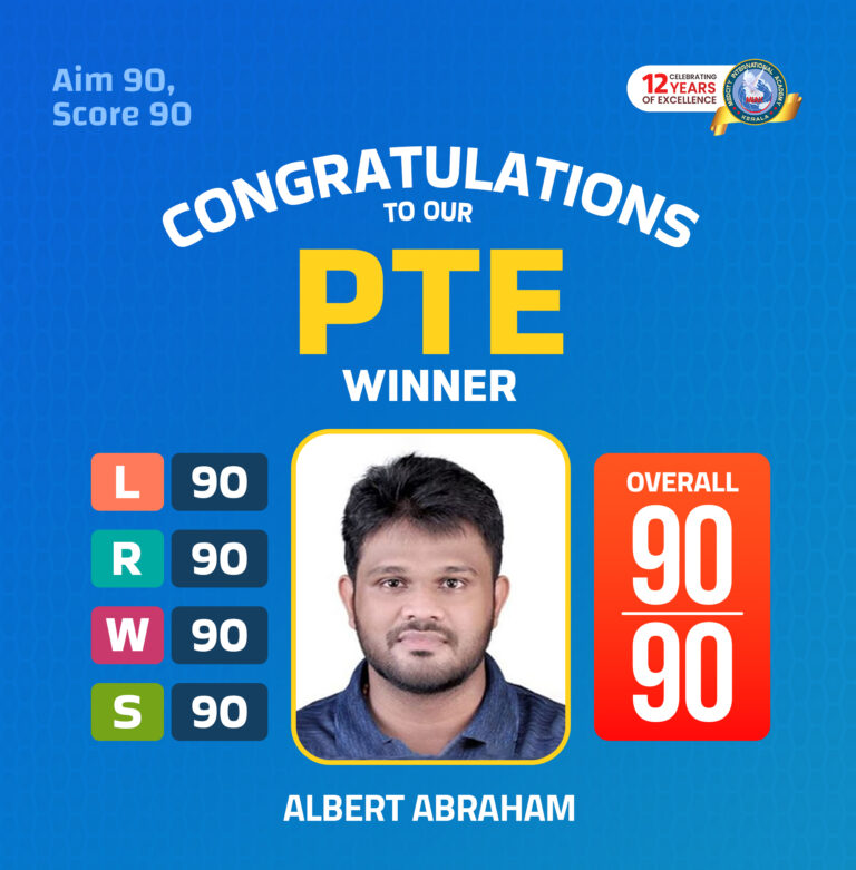 Language Institute in Trivandrum 15 Medcity International Academy PTE success banner featuring student Albert Abraham achieving a perfect overall score of 90/90 in the Pearson Test of English (PTE Academic). The banner highlights expert PTE coaching, AI-powered mock tests, English language proficiency training, study abroad preparation, university admissions, and student visa support for Australia, Canada, the UK, New Zealand, Germany, Ireland, and other global study destinations.