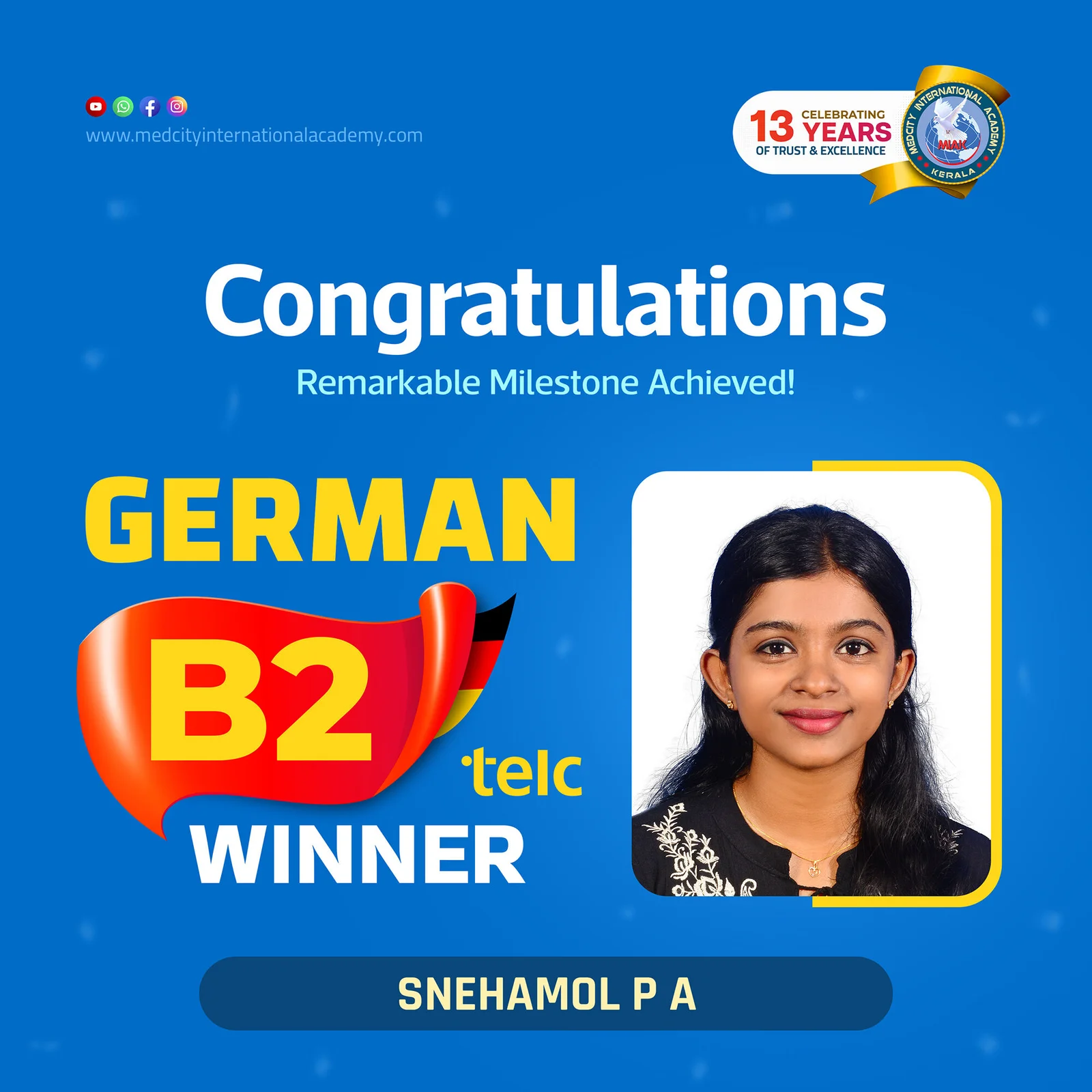 Medcity International Academy German B2 TELC success banner featuring Snehamol P A celebrating successful completion of the German B2 TELC Examination. The banner highlights expert German language training for students and professionals preparing for higher education, Ausbildung, nursing careers, and career opportunities in Germany