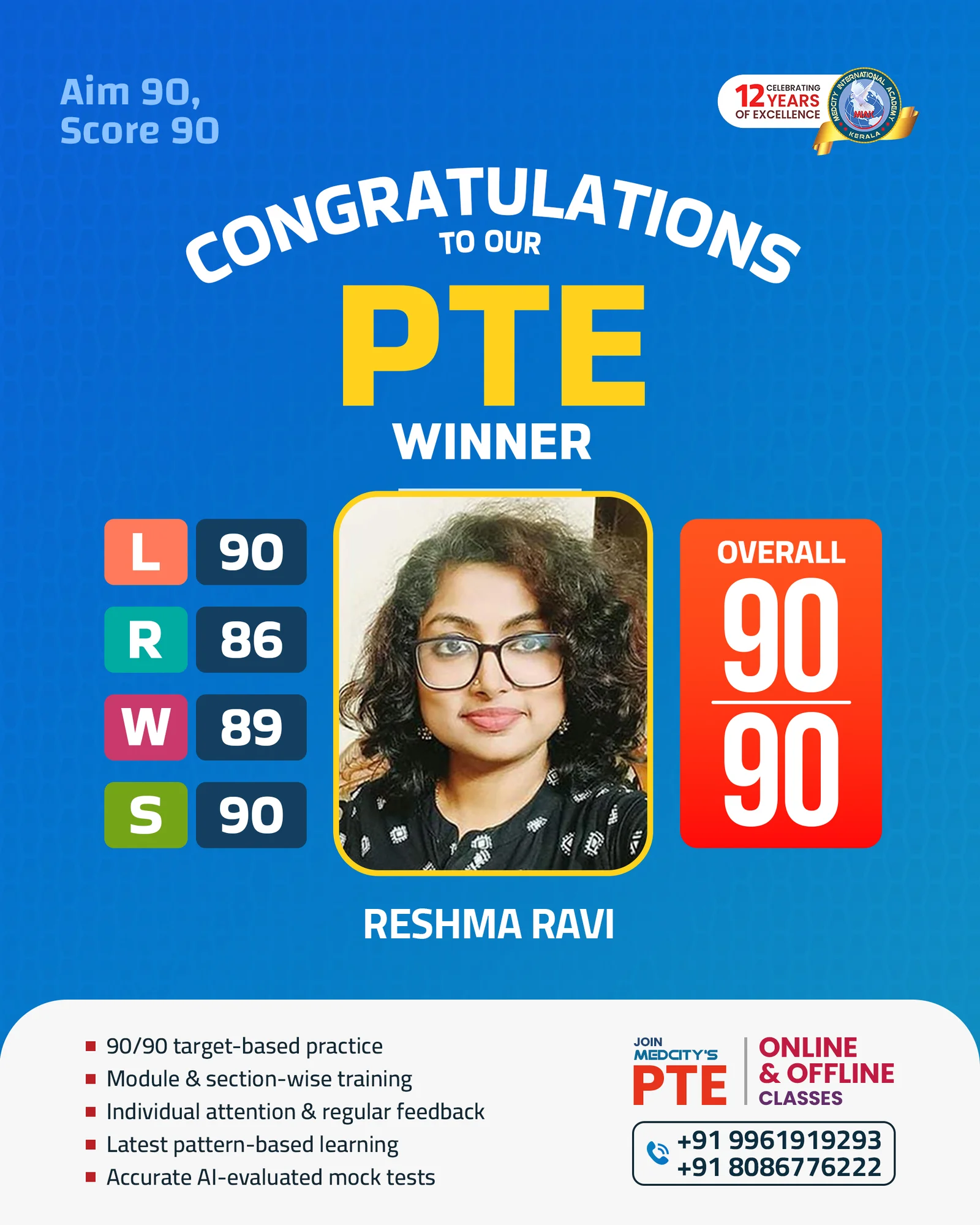 Image of Reshma Ravi PTE 90/90 winner Medcity Academy