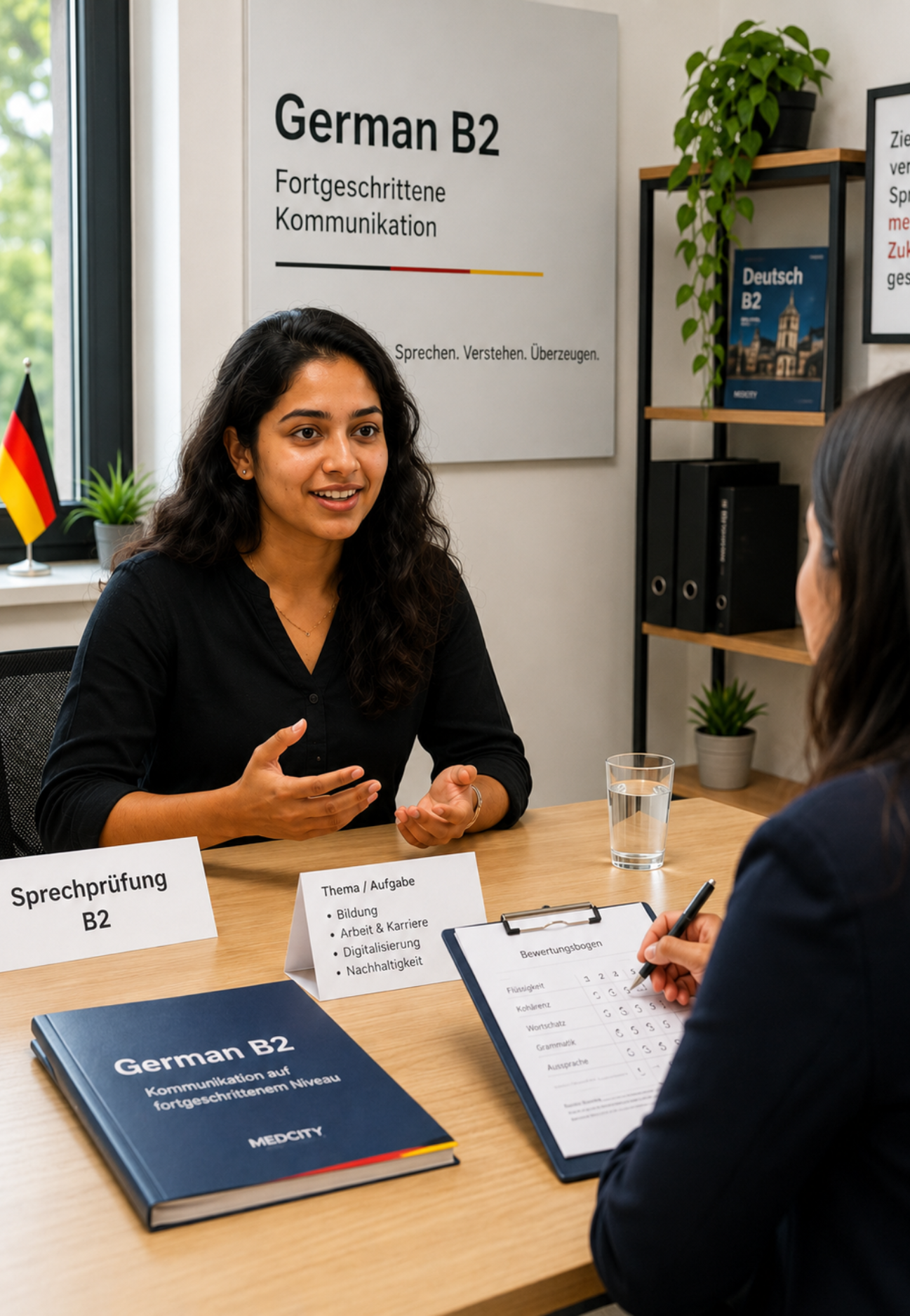 Keralite girl attending a German B2 speaking test with an examiner, using cue cards, assessment sheets and German B2 study materials in a professional exam setting.