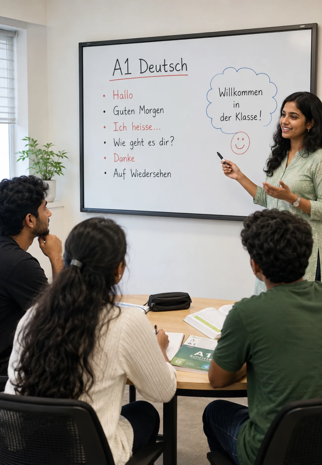 Young Kerala students attending a German A1 language class at Medcity International Academy, guided by a Keralite trainer in a modern classroom with beginner German phrases on the whiteboard.