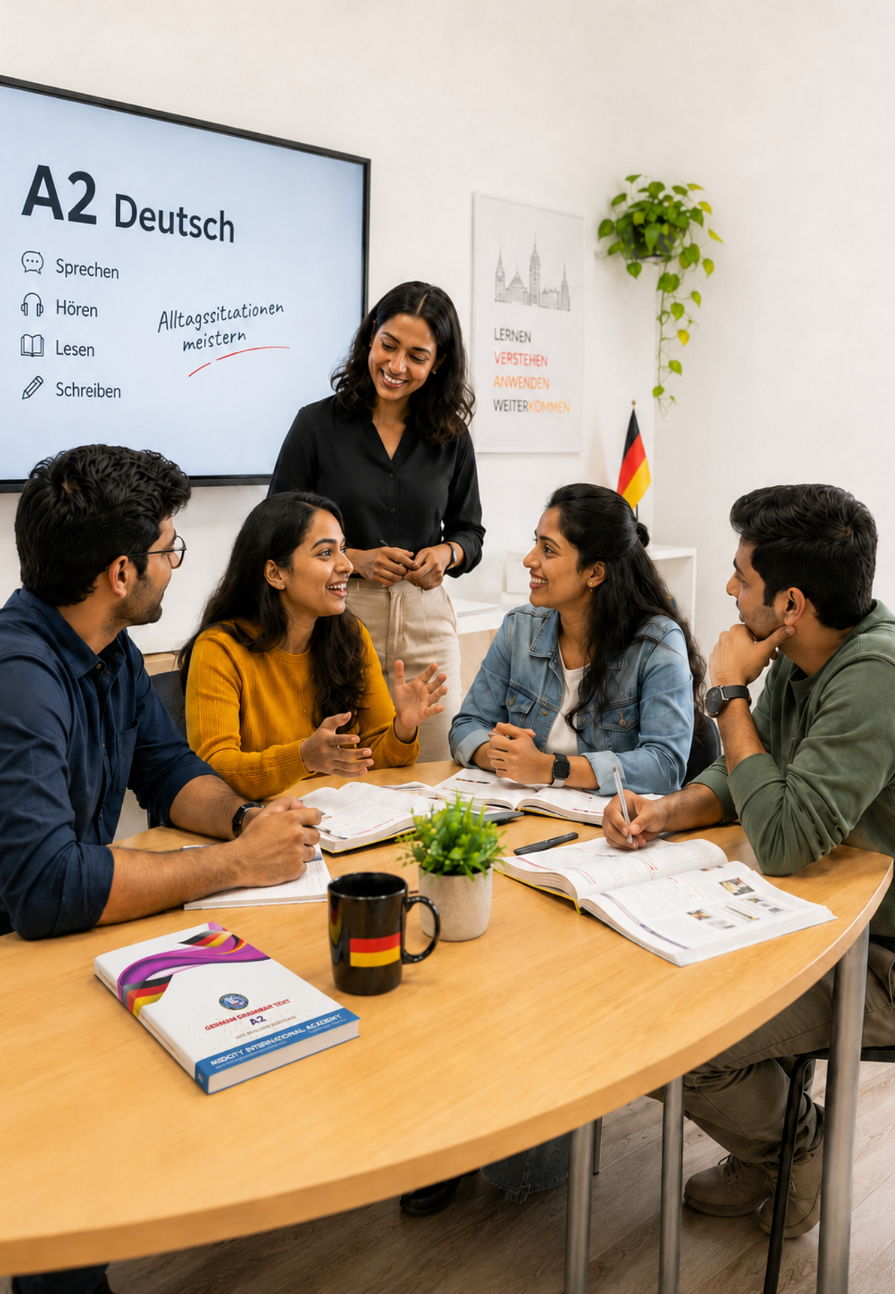 Best German A2 Course in Kerala for Study, Work & Migration 1 German A2 course classroom at Medcity International Academy with Indian students, trainer-led speaking practice, and German Grammar Text A2 study book on the table.