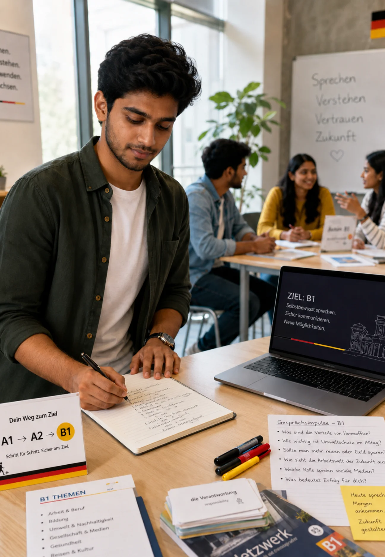 Indian student preparing for German B1 communication at a modern study desk, writing in a notebook with a laptop, German notes, flashcards, and an A1 to A2 to B1 learning roadmap, while other learners discuss in the background.