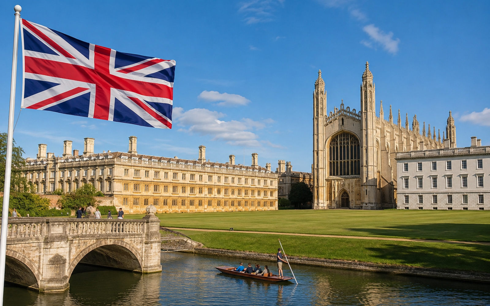 Students aspiring to study or work abroad receiving expert IELTS coaching at Medcity International Academy, featuring a prestigious University of Cambridge backdrop with the UK flag, symbolizing international education opportunities, English proficiency training, and global career pathways.