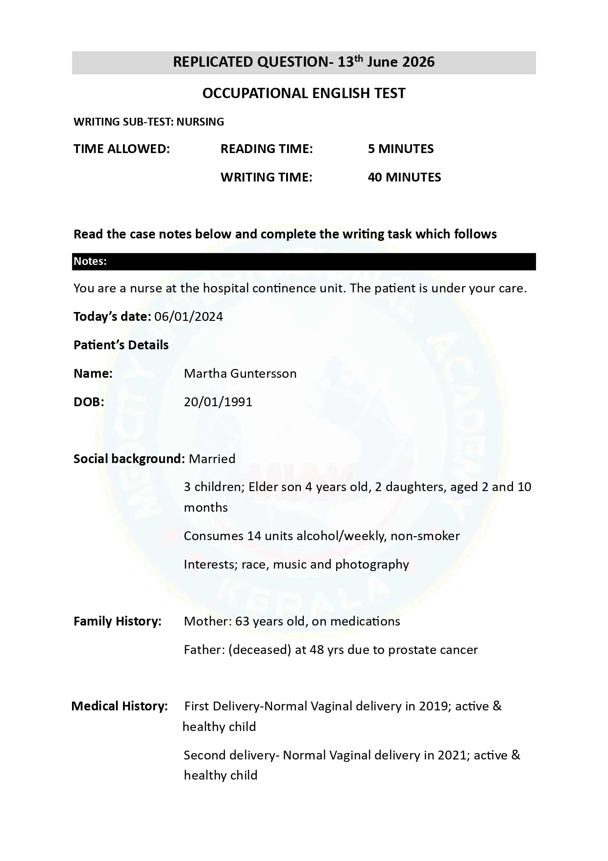 OET Replicated Writing Case Note for Nurses 13th June 2026 page 0001