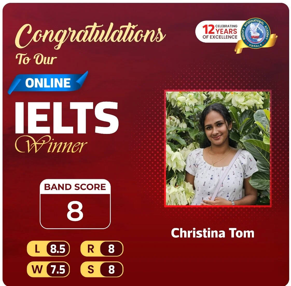 Medcity International Academy Online IELTS success banner featuring Christina Tom, who achieved an overall IELTS Band Score of 8.0 with individual scores of Listening 8.5, Reading 8.0, Writing 7.5, and Speaking 8.0 through expert online IELTS coaching for study abroad aspirants.