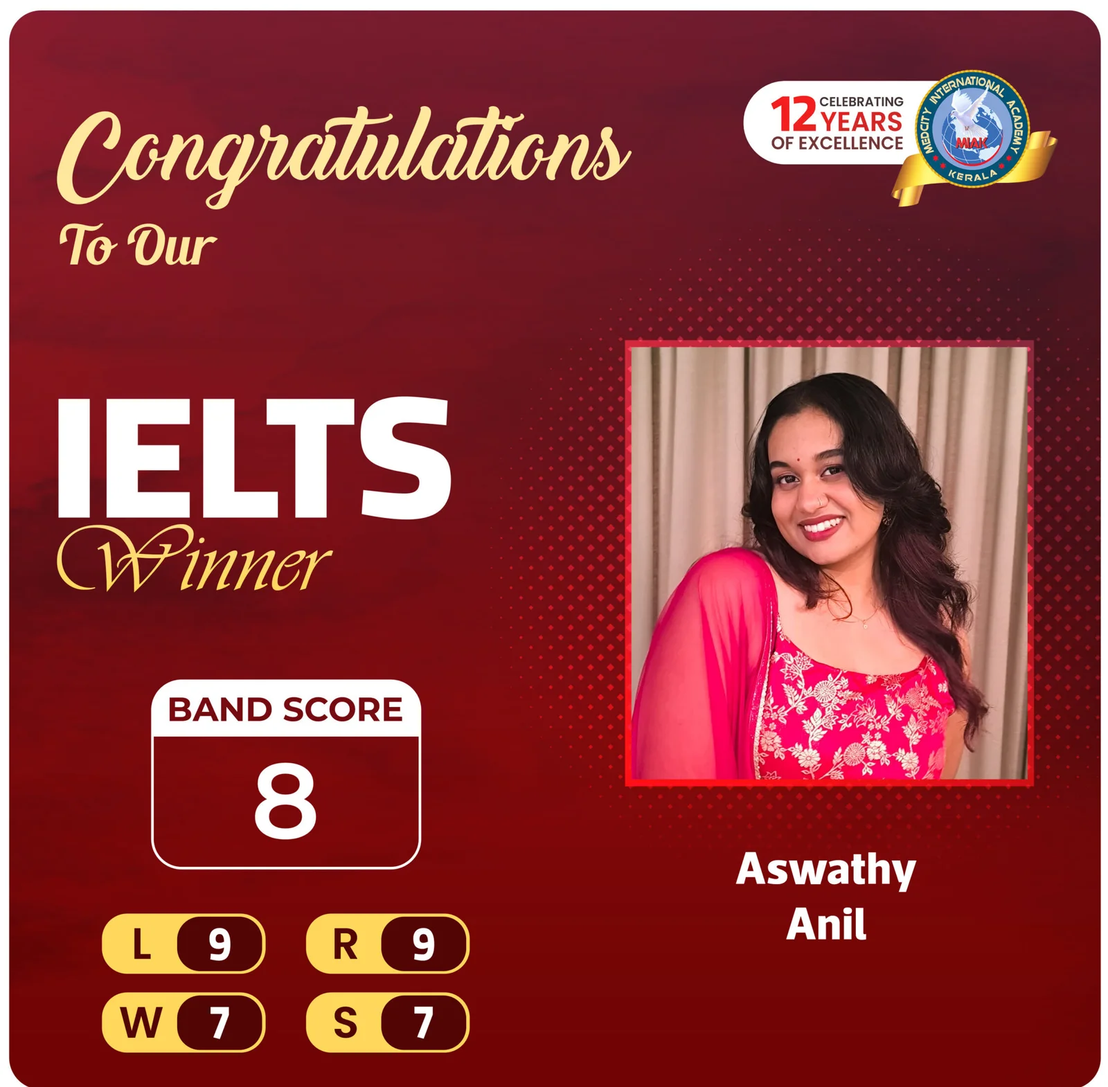 Medcity International Academy IELTS success banner featuring Aswathy Anil, who achieved an overall IELTS Band Score of 8.0 with individual scores of Listening 9.0, Reading 9.0, Writing 7.0, and Speaking 7.0 through expert IELTS coaching for study abroad aspirants.