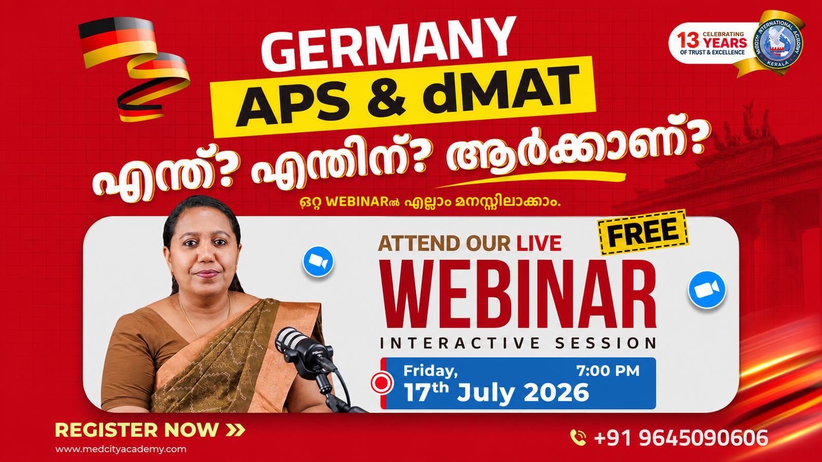 Medcity International Academy Germany APS and dMAT webinar banner featuring an overseas education expert speaking during a live session. The free webinar explains the APS Certificate, dMAT Germany 2026, admission process, eligibility, document verification, and university application guidance for Indian students planning to study in Germany.