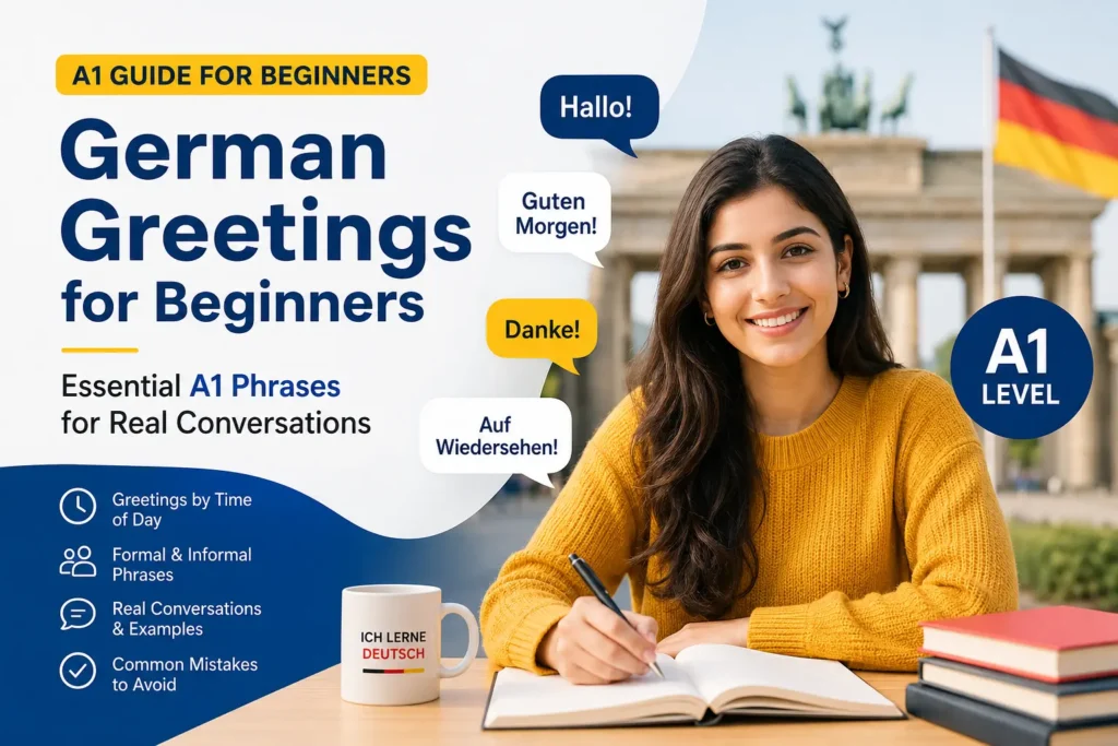 German Greetings for Beginners: Essential A1 Phrases for Real Conversations 1 A student learning German greetings at the A1 level with speech bubbles displaying "Hallo," "Guten Morgen," "Danke," and "Auf Wiedersehen," alongside the Brandenburg Gate in Germany, representing beginner German language learning at Medcity International Academy.
