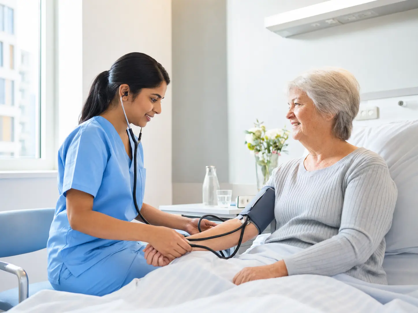 Best German Language Course in Kannur for A1 to B2 Classes 4 Nursing student practicing patient assessment by checking an elderly patient's blood pressure during OET coaching at Medcity International Academy, preparing for the Occupational English Test and international nursing careers.