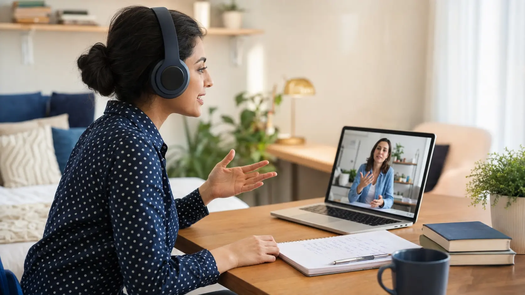 Student attending a live online German language class on a laptop while wearing headphones, interacting with an instructor through a virtual learning session at Medcity International Academy.