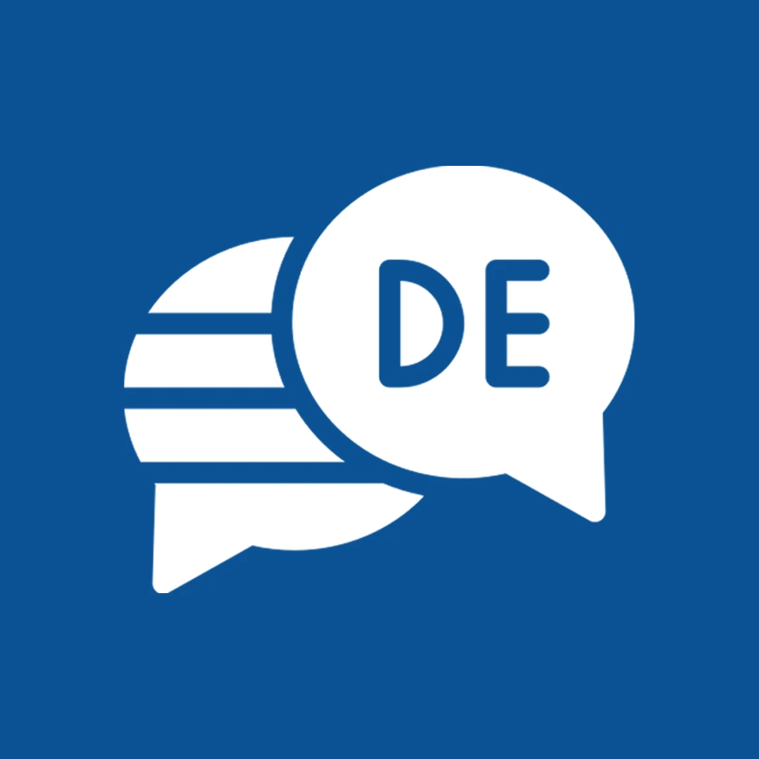 Blue German language icon featuring a "DE" speech bubble and communication symbol, representing the German A2 language course focused on improving speaking, listening, reading, writing, grammar, and vocabulary at Medcity International Academy.