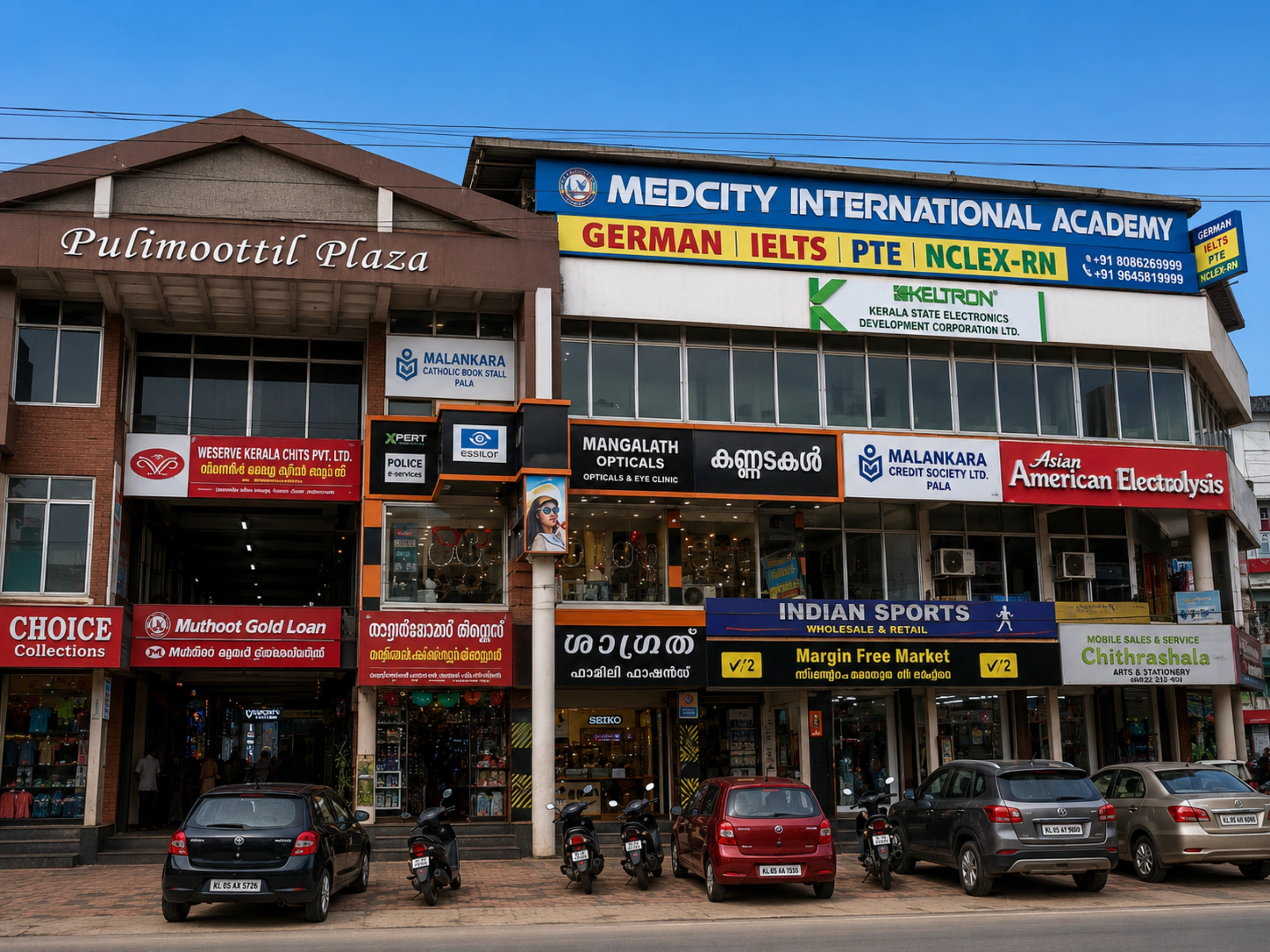 Exterior view of the Medcity International Academy Pala branch at Pulimoottil Plaza, offering German language courses, IELTS coaching, PTE preparation, NCLEX-RN training, and overseas education services in Kerala.