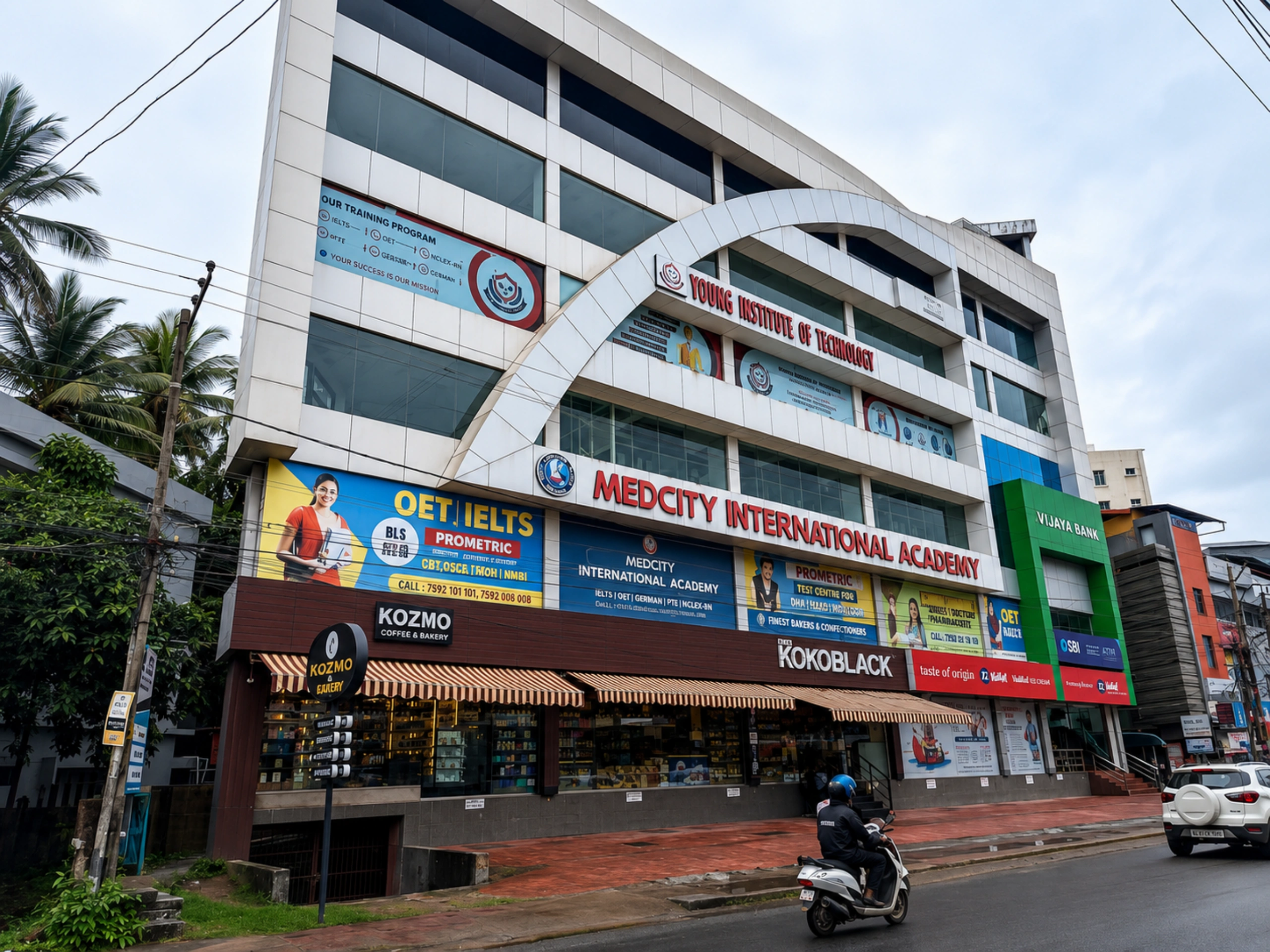 Exterior view of the Medcity International Academy Alappuzha branch offering German language courses, IELTS coaching, OET preparation, Prometric coaching, study abroad counseling, university admissions, and student visa assistance in Alappuzha, Kerala.