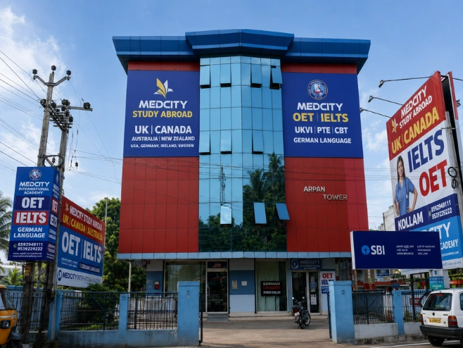 Exterior view of the Medcity International Academy Kollam branch in Kerala, offering study abroad counselling, German language training, IELTS, UKVI IELTS, OET, PTE CBT, and overseas education services for students and healthcare professionals.