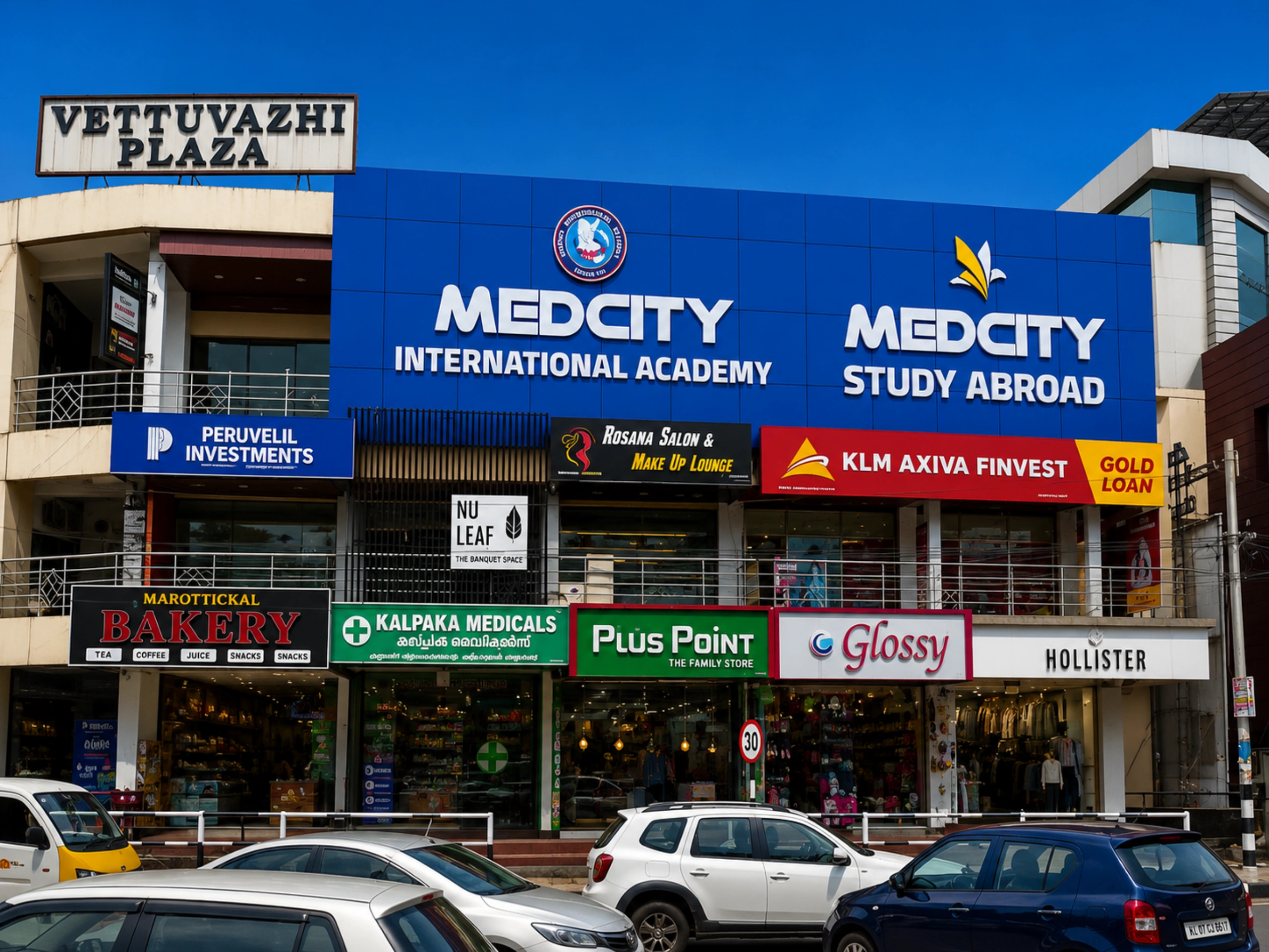 Exterior view of the Medcity International Academy Kannur branch at Vettuvazhi Plaza, offering German language courses, IELTS, OET, PTE, NCLEX-RN coaching, study abroad counseling, university admissions, and student visa assistance in Kannur, Kerala.